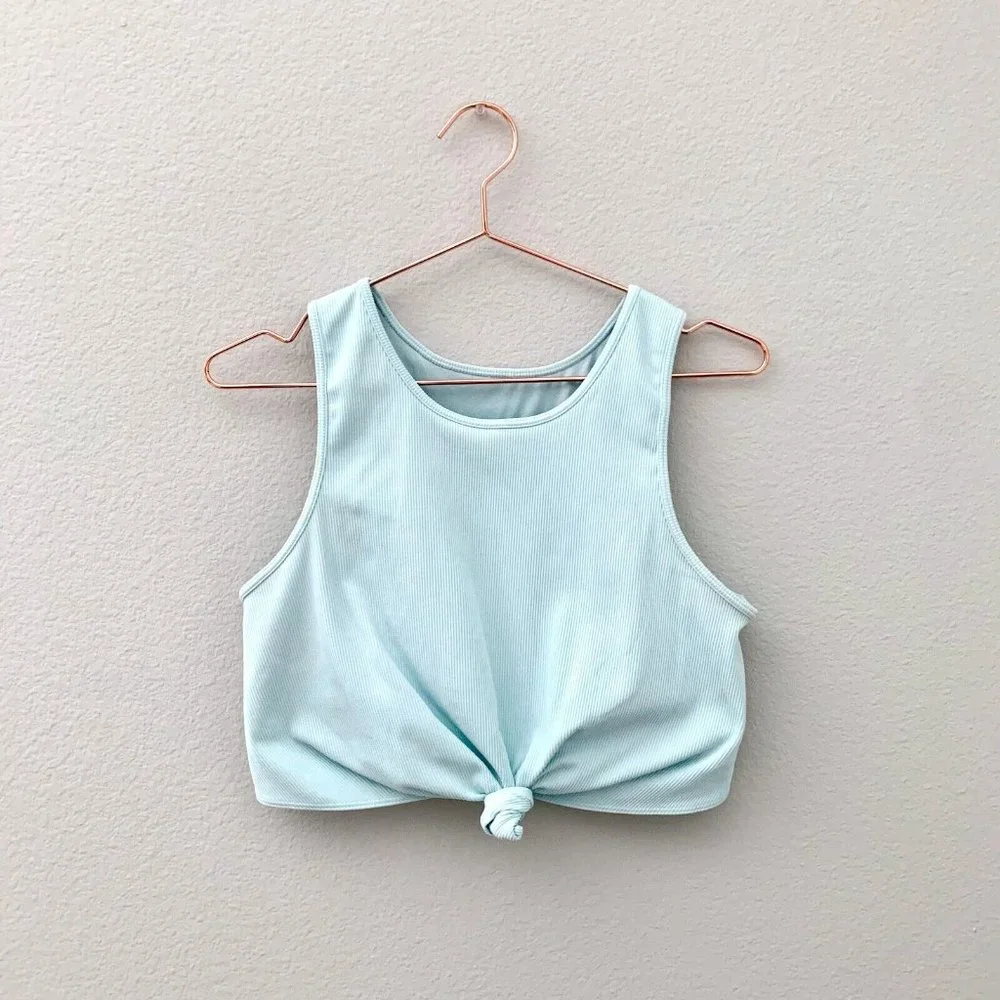 Gap GapFit Ribbed Blackout Twist-Knot Cropped Sports Bra Aqua Size L - Picture 2 of 9